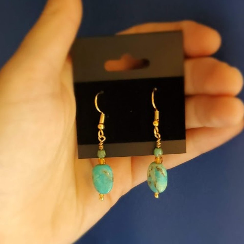 Mermaid-colored Natural Stone Earrings. Gold Plated Hooks.